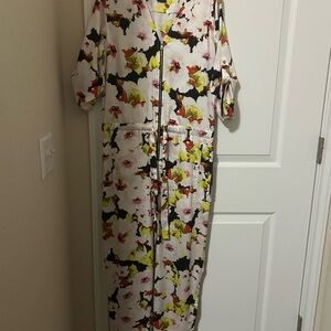 DKNY White Floral Zip-Front Jumpsuit with Black, Yellow & Pink Accents
